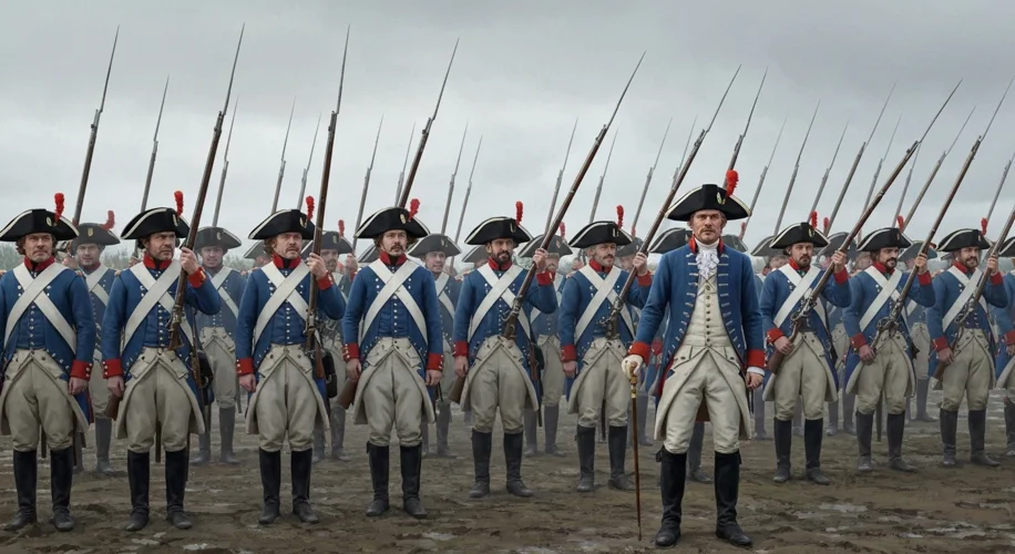An 18th-century Prussian infantry battalion in precise formation, muskets leveled, on a muddy battle