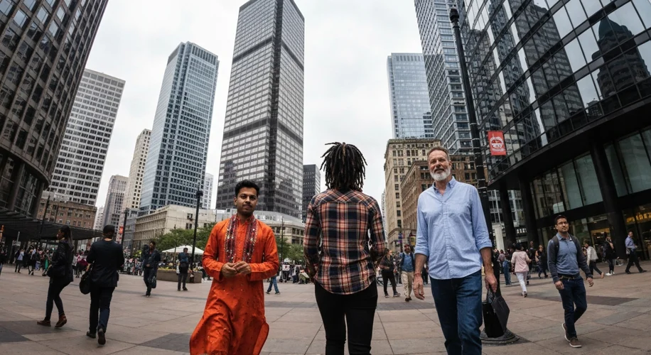 A modern cityscape with diverse people walking by corporate buildings. Some buildings have green roo