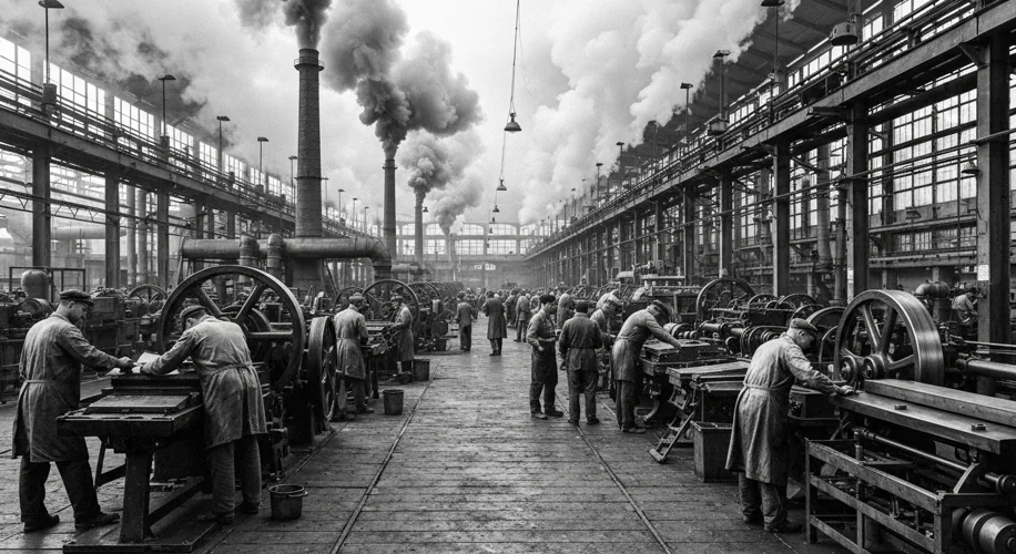 A black and white photograph showing a bustling Italian factory floor in the 1930s. Men in work clot