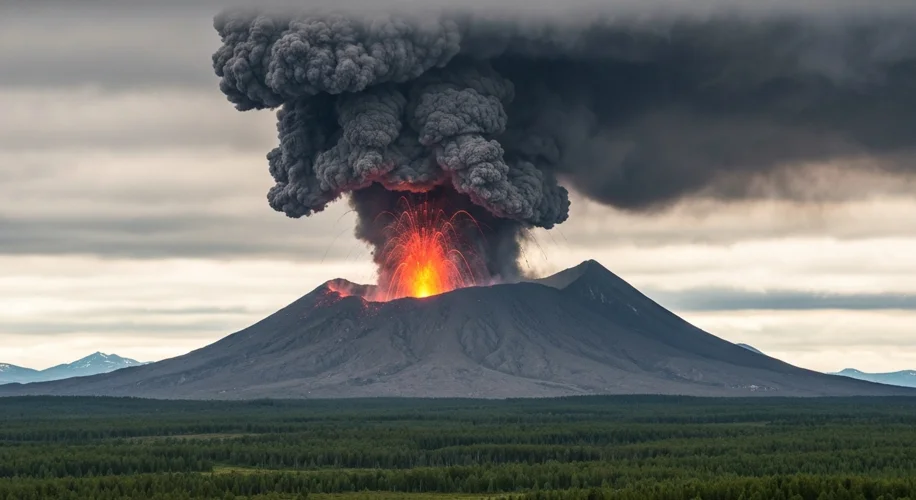 An illustration depicting the Krasheninnikov volcano erupting violently, with plumes of ash and smok