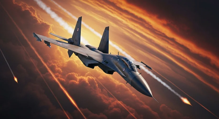 An Indian Air Force Sukhoi Su-30MKI fighter jet soaring through a dramatic sky, with visible contrai