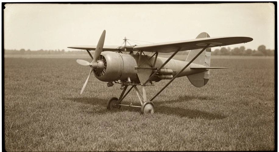 A vintage, sepia-toned photograph of an early 20th-century experimental pilotless aerial torpedo, re