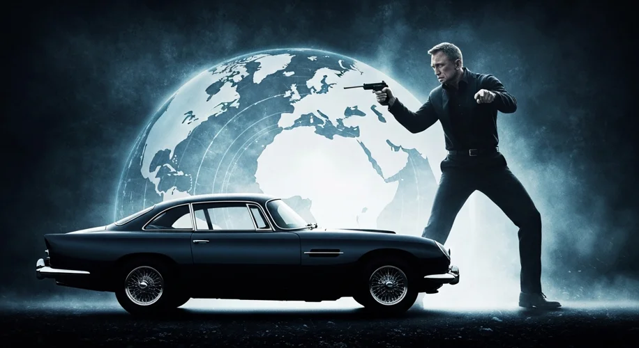 A modern James Bond film poster featuring Daniel Craig in action, with a silhouette of a classic Ast