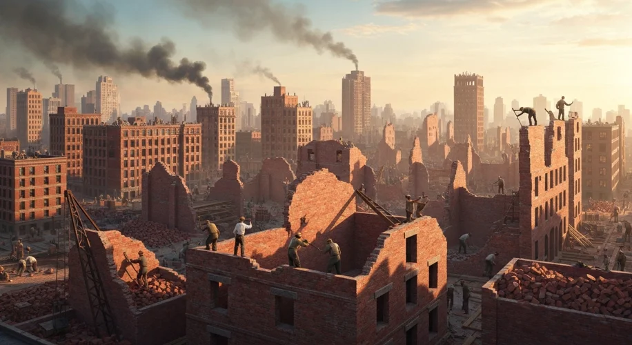 A hopeful scene of Chicago's rebuilding after the Great Fire of 1871, showing new brick buildings un