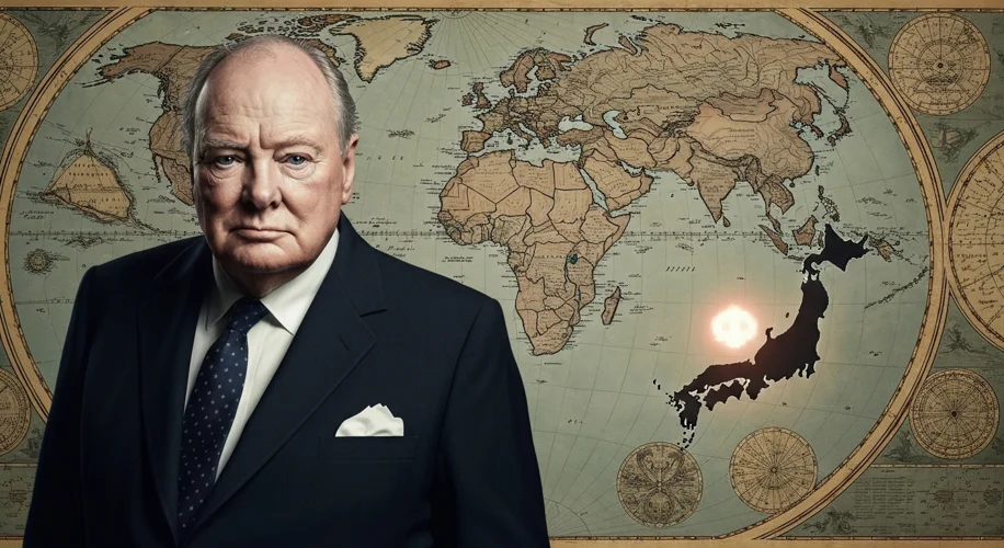 Winston Churchill, looking thoughtful, stands beside a map of the world, with a faint glow emanating