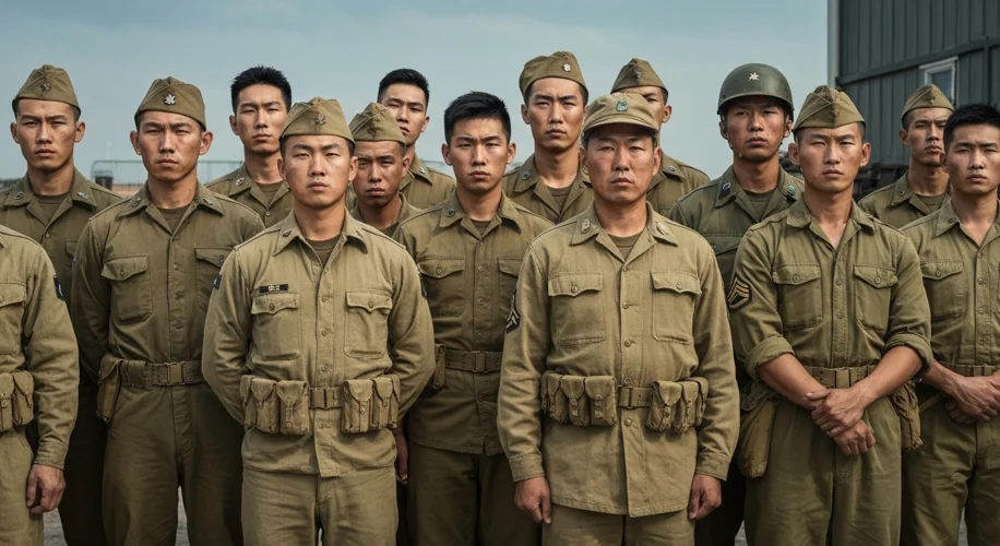 A group of Chinese-American soldiers in uniform, posing proudly. Some are American-born, others may 
