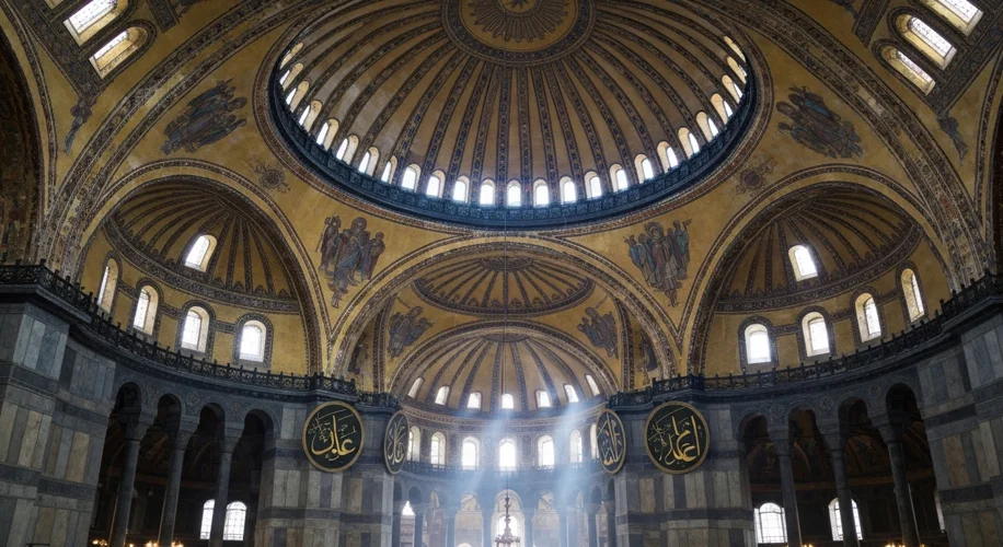 A wide-angle view inside the Hagia Sophia, showcasing the massive central dome with light streaming 