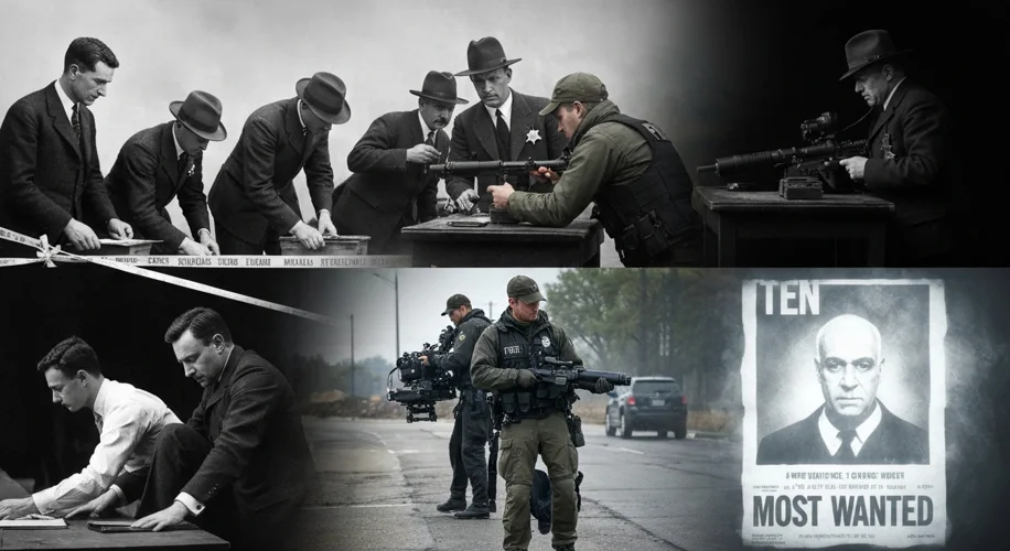 A montage of iconic FBI investigations: a black and white image of agents at a crime scene in the 19