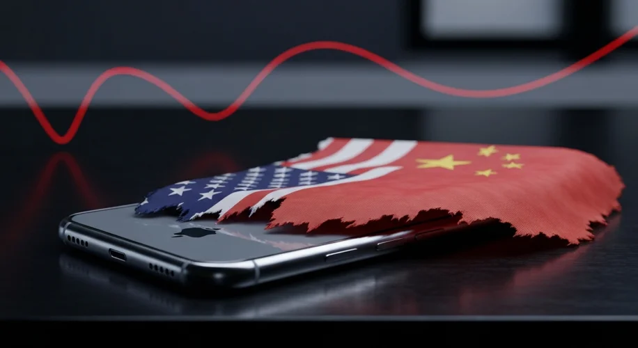 A stylized, modern iPhone lies on a table, partially covered by a torn American flag and a Chinese f