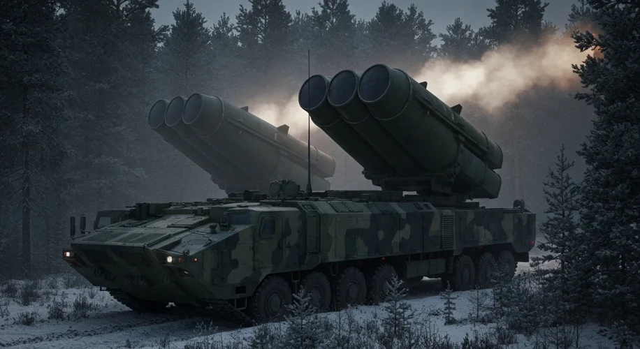 A Russian Iskander-M mobile short-range ballistic missile launcher, camouflaged and moving through a