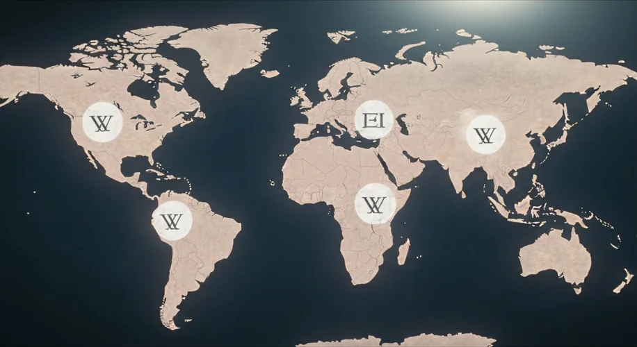 A world map with Wikipedia logos scattered across different countries, symbolizing its multilingual 