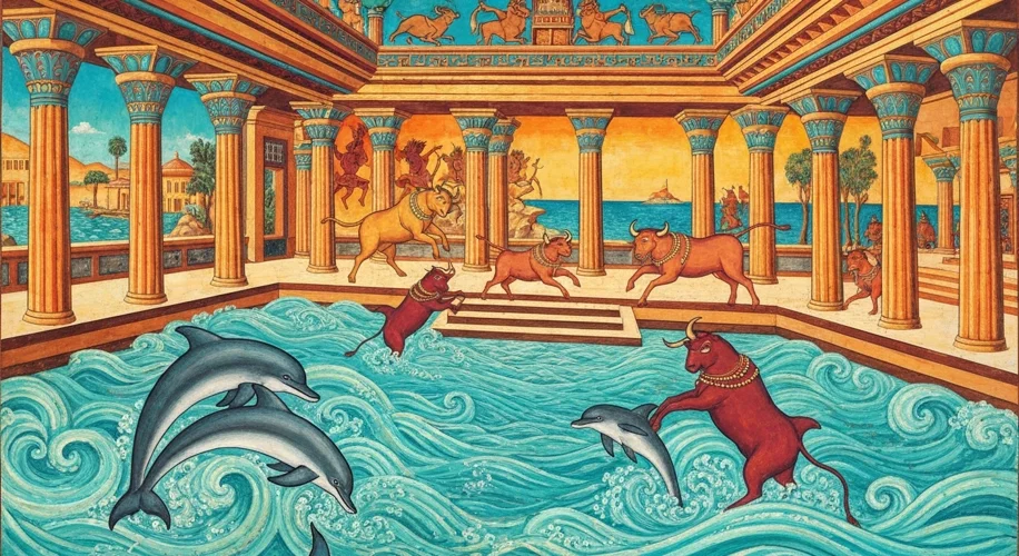 A vibrant Minoan fresco depicting leaping dolphins and bull-leapers, showcasing the art and marine f