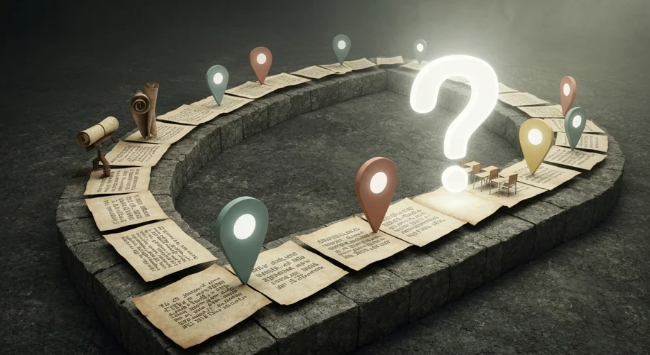 A metaphorical image depicting a winding historical timeline with markers representing different edu