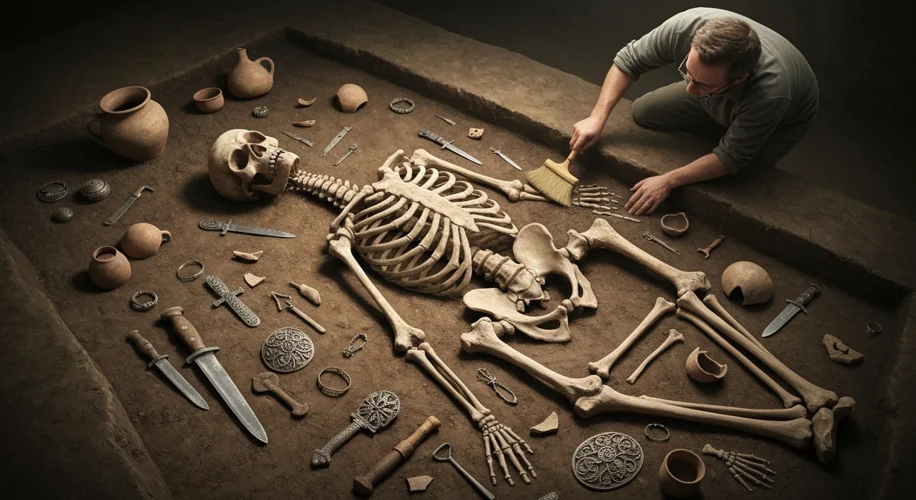 An archaeological dig in progress, showing a skeleton with grave goods like pottery and metal artifa