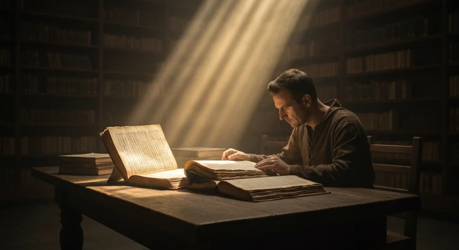 A medieval scholar poring over ancient, dusty manuscripts in a dimly lit library, with shafts of lig