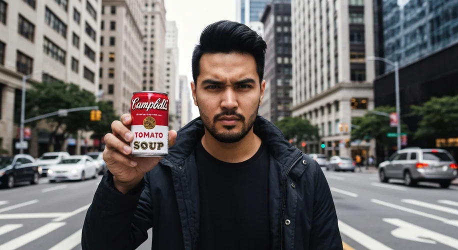 Andy Warhol's iconic Campbell's Soup Can silkscreen print, showcasing multiple variations of the fam