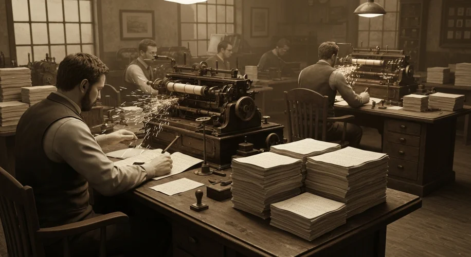 A sepia-toned image of a 19th-century telegraph office, with operators hunched over their machines, 