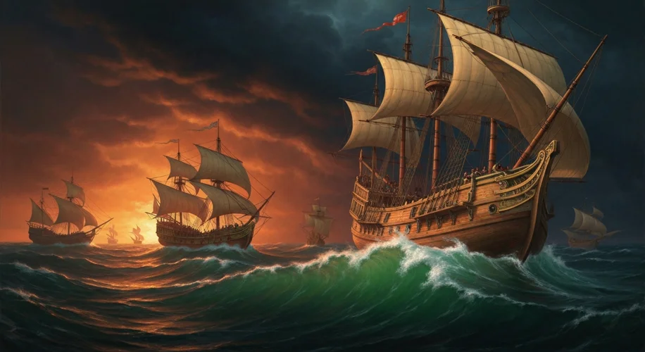 A caravels sailing on a stormy Atlantic Ocean at sunset, with a determined Christopher Columbus on t