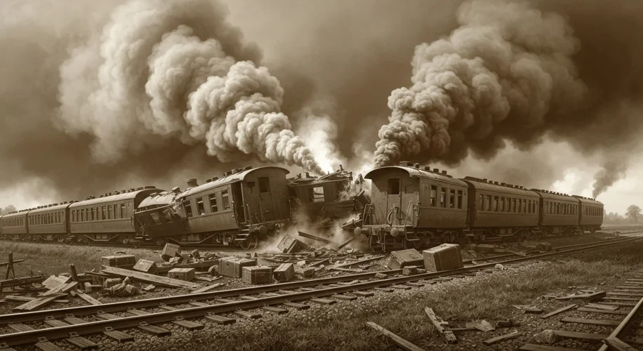 A sepia-toned, dramatic illustration of a catastrophic train collision in the early 20th century, wi