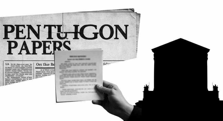 A collage of black and white images: a newspaper headline reading "PENTAGON PAPERS", a hand holding 