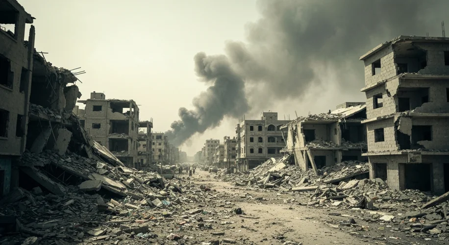 A desolate, war-torn cityscape of Mogadishu, with buildings in ruins and smoke rising in the distanc