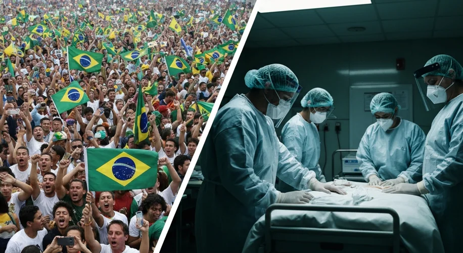 A split image: on the left, a cheering crowd at a Bolsonaro rally waving Brazilian flags; on the rig