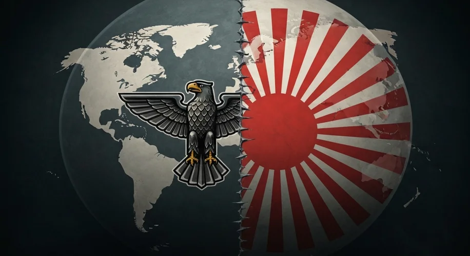 A stylized map of the world divided into two halves: one dominated by Nazi Germany's eagle symbol, t