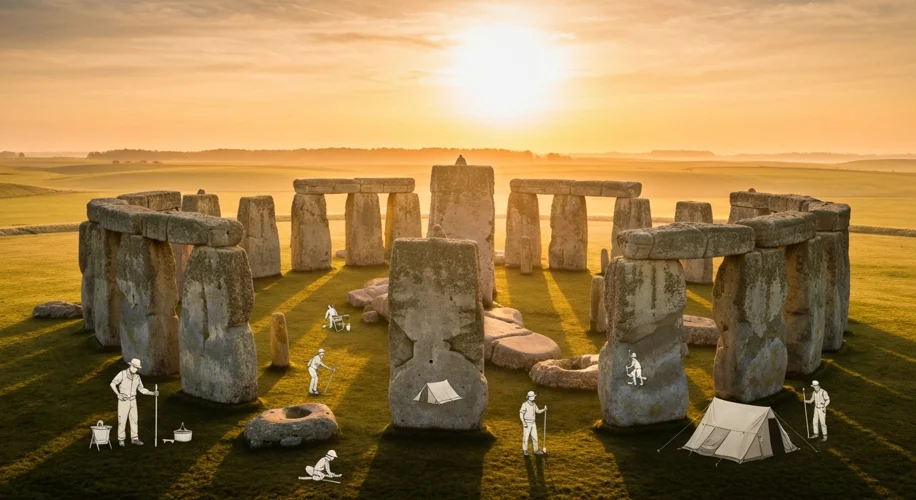 An aerial view of Stonehenge at sunrise, with archaeologists working near some of the large standing