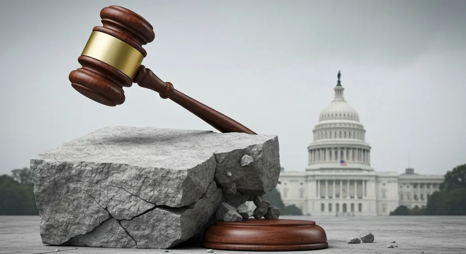 A gavel striking a block, with the US Capitol building in the blurred background.