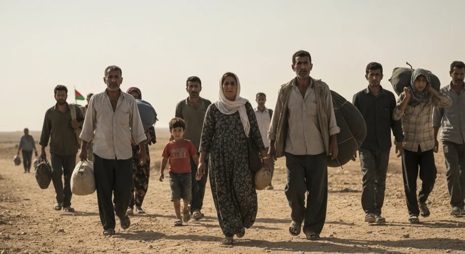 A somber depiction of Palestinian refugees in the aftermath of the 1948 war, carrying their belongin