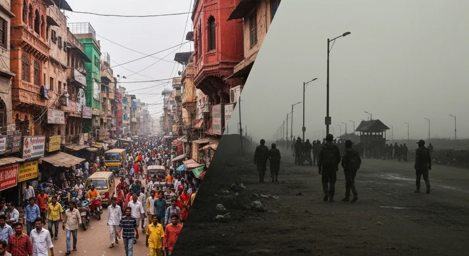 A split image showing the stark contrast between a bustling, diverse Indian city street and a more s