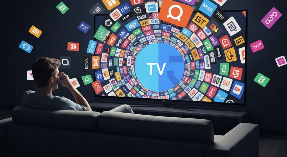 A person sitting on a couch, looking overwhelmed by a multitude of streaming service logos displayed