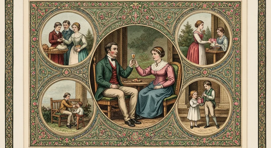 An illustration for the first Christmas card, showing a Victorian family raising a toast, with small