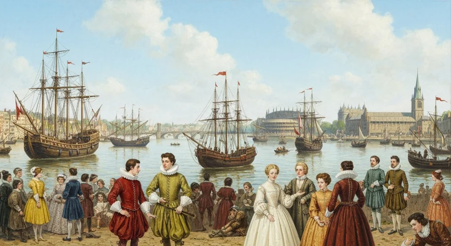 A bustling Elizabethan London scene with ships in the Thames, courtiers in fine dress, and perhaps a