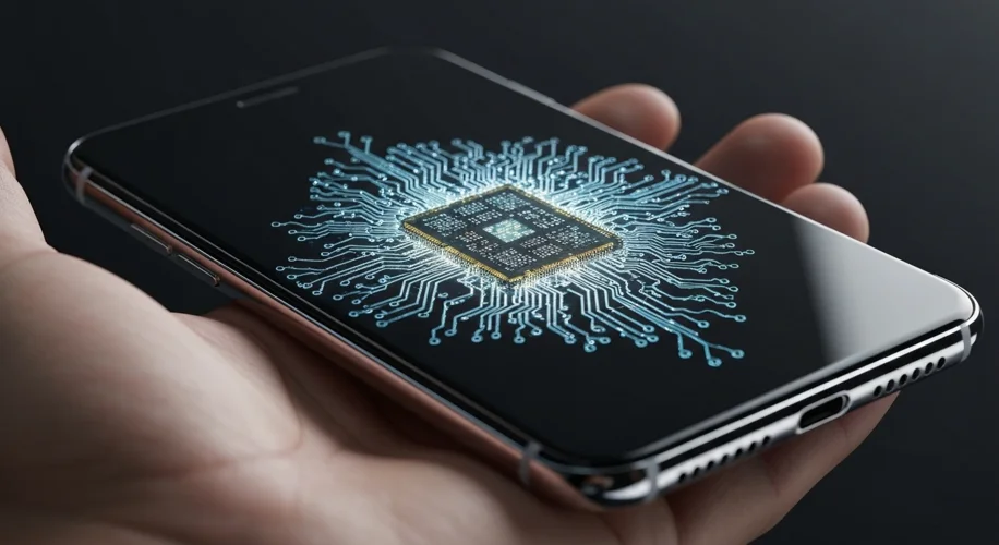 A sleek, modern smartphone being held in a hand, with a subtle, glowing circuit pattern emanating fr