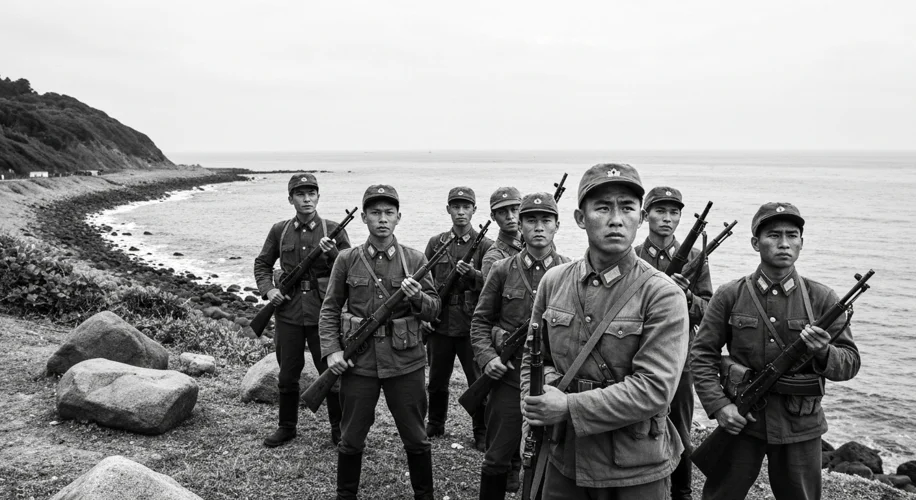 A black and white photograph from the 1950s showing Chinese Nationalist (KMT) soldiers on the island