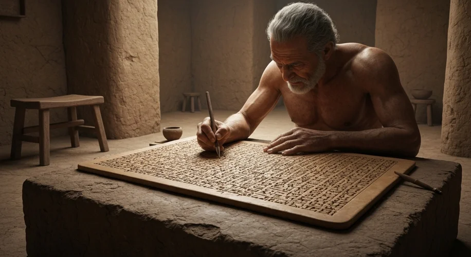 A Mesopotamian scribe meticulously carving cuneiform script into a wax-coated tablet with a stylus. 