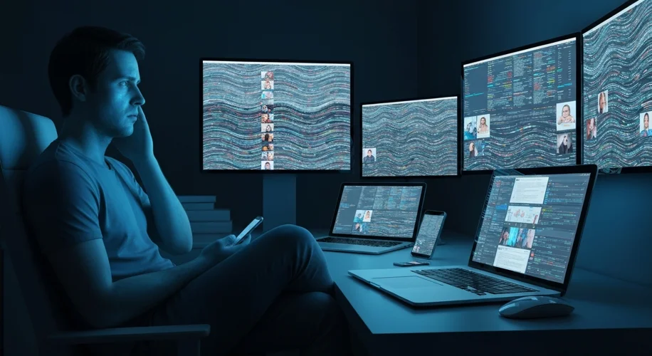 A person sitting in a dimly lit room, surrounded by glowing screens displaying endless streams of da
