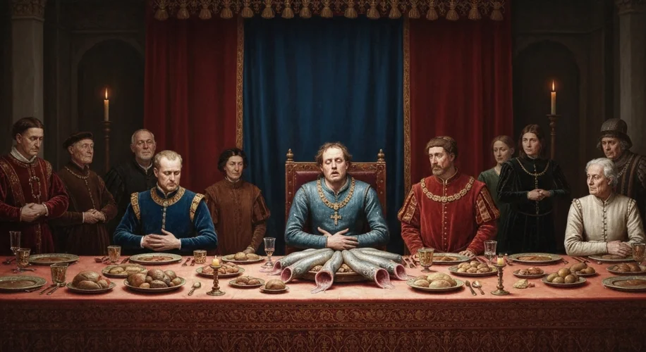 A medieval banquet scene with King Henry I at the head of the table, looking ill after consuming lam