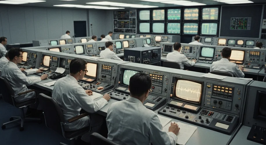A vintage photograph of early NASA mission control room, showing scientists and engineers intently f