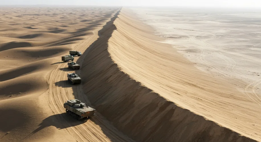 A large, fortified sand wall (Berm) stretching across a vast desert landscape, with Moroccan militar
