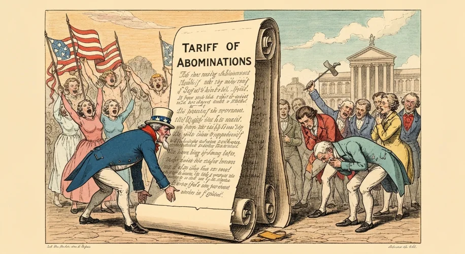 A political cartoon from the 1830s depicting Uncle Sam struggling under the weight of a massive tari