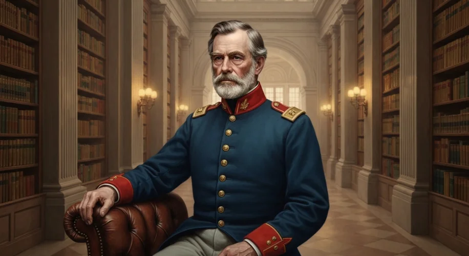 A dignified portrait of Robert E. Lee in his Union Army uniform, hanging in the library of the Unite