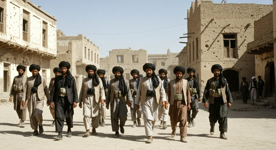 A group of Taliban fighters, distinguished by their black turbans, marching through a dusty Afghan t