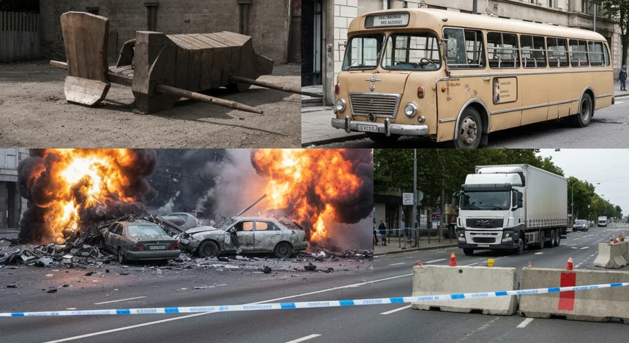 A collage of historical and modern images: a medieval battering ram, a 1960s damaged bus, a car bomb