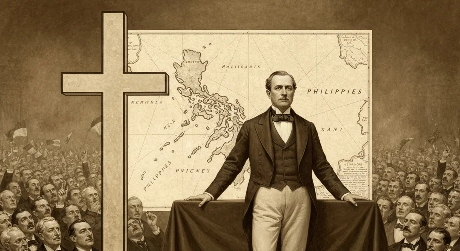 A sepia-toned illustration depicting President William McKinley addressing a crowd, with a backdrop 