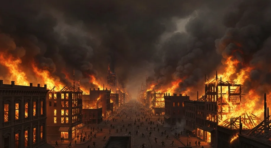 A panoramic view of Chicago engulfed in flames on October 8, 1871, with a dark, smoky sky and burnin