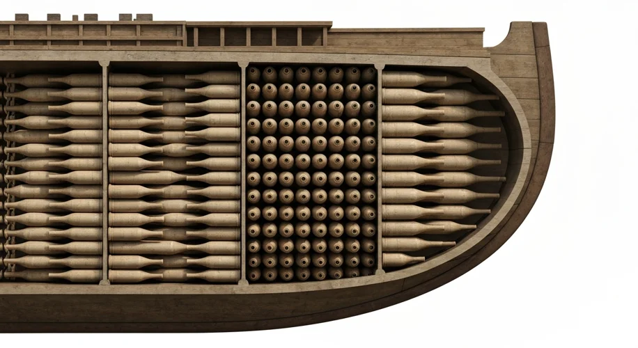 A cross-section diagram illustrating how pointed-bottomed amphorae would be packed tightly within th