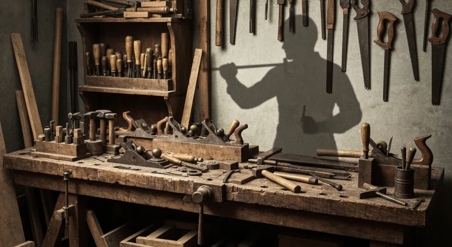A vintage photograph of a 19th-century workshop. Tools like saws, hammers, and planes are visible, a