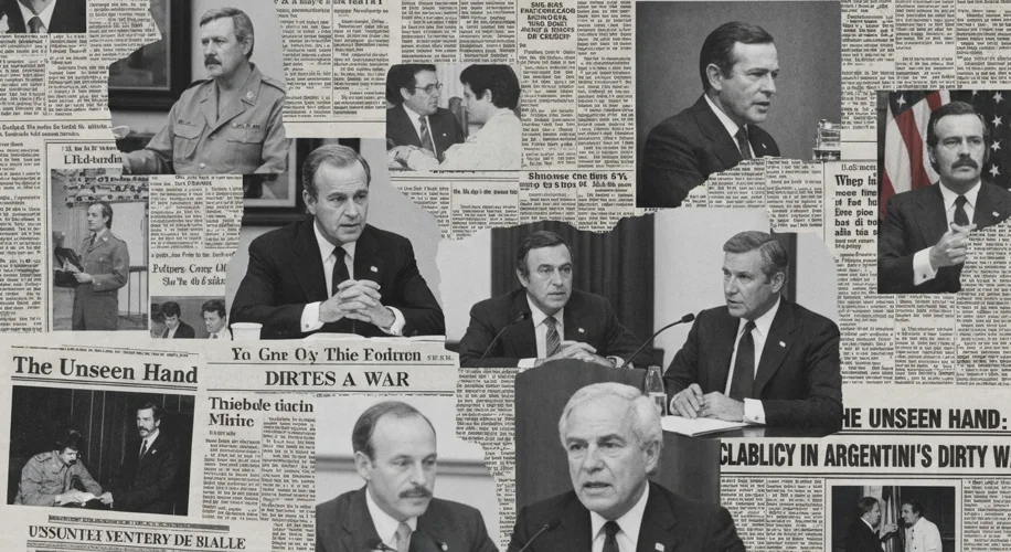A collage of newspaper headlines from the 1970s and 1980s, some detailing the "Dirty War" in Argenti